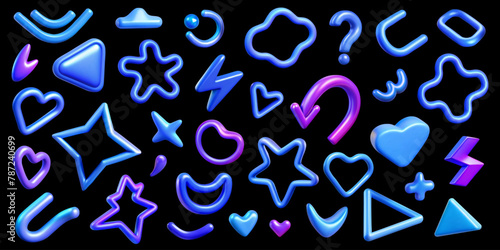 A collection 3d vector of blue and purple shapes and symbols, featuring a variety of colors and forms such as hearts, arrow,question marks,lightning, abstractions and lines