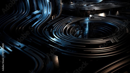 Captivating Geometric Maze of Interconnected Pathways in Futuristic Dark Monochrome Abstraction