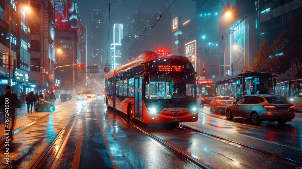 A cityscape transformed by self-driving buses and coordinated traffic signals,  leading to smoother and more sustainable urban mobility