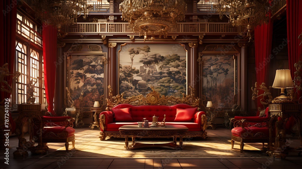 Royal Chinese Palace Living Room:  an opulent living room with red and gold silk textiles, intricate carved furniture, and a stunning hand-painted mural, evoking the grandeur of a royal Chinese palace