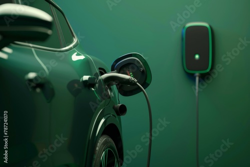 generic electric car is being charged from a wallbox close up green background