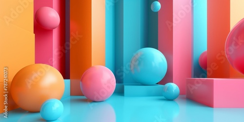 3D rendering of colorful balls in a geometric room