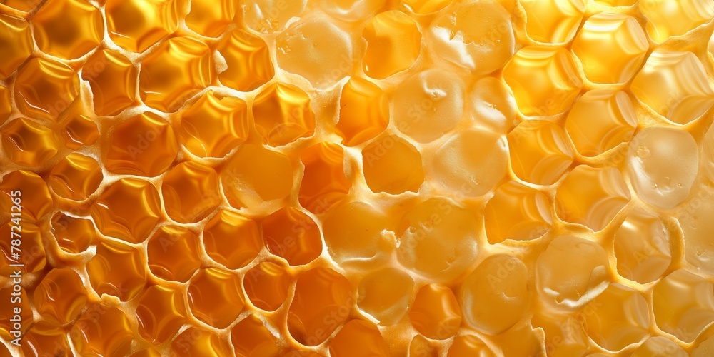 This close-up image captures the golden intricacies of a honeycomb brimming with honey