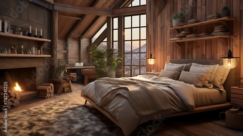 Rustic Copper Bedroom: a warm and rustic bedroom with walls in muted copper tones, wooden furniture, and earthy textiles, evoking a cozy cabin-like atmosphere 