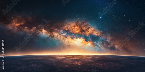 A magnificent cosmic scene capturing the sunrise over the horizon of a distant  alien world with a vibrant starry sky
