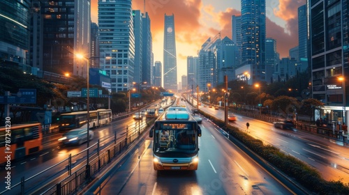 A modern urban environment where self-driving buses and intelligent traffic control technologies streamline commuting for residents photo