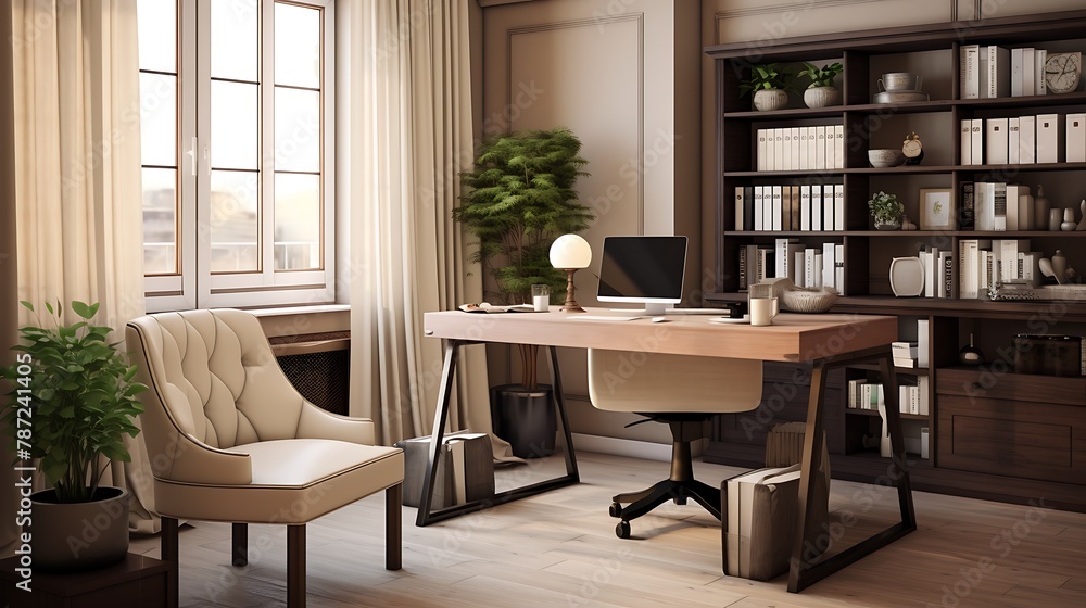Sandy Beige Home Office:  a productive home office with sandy beige walls, dark wooden furniture, and hints of black, promoting focus and productivity in a serene environment