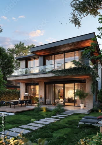 Modern House Exterior Design with Large Glass Windows and Terrace © Adobe Contributor