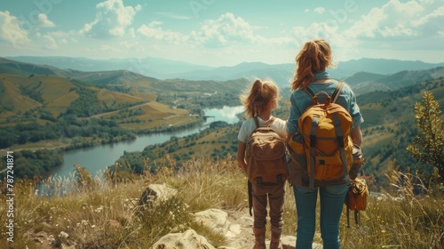 Mother and daughter with backpacks overlooking a valley mountain and river, happy bonding mom and young girl spend carefree holiday vacation hiking adventure outdoor trip, Family traveling activities