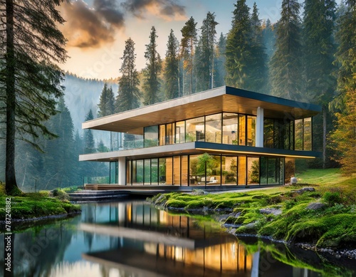 Modern single-family wooden house with large windows in the middle of a beautiful forest.
