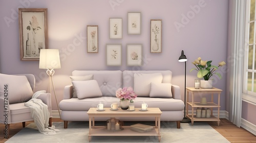 Soft Lavender Living Room: a cozy living room with soft lavender walls, light gray furniture, and accents of cream, offering a gentle and relaxing atmosphere for gatherings