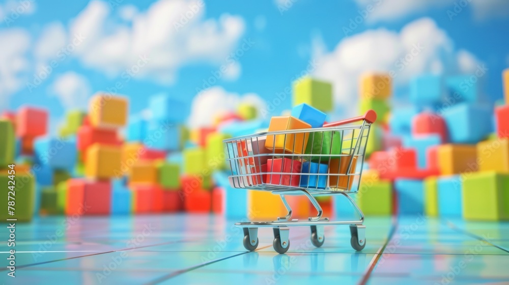 A shopping cart with products inside stands on the trolley. Generate AI image