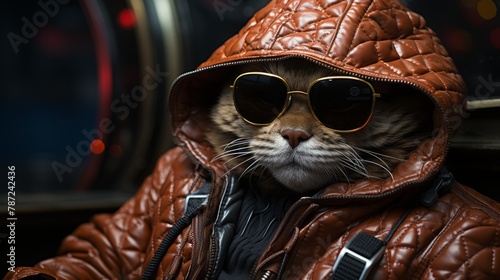 Fototapeta Cool cat wearing sunglasses and leather jacket