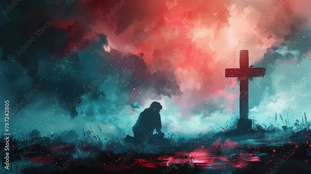 Man kneeling and praying in front of the cross. Digital watercolor painting Man kneeling and praying in front of the cross. Digital watercolor painting