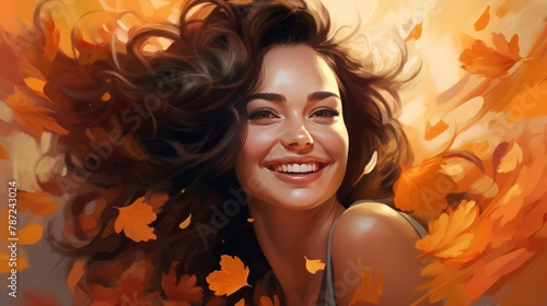 A painting capturing a smiling woman surrounded by vibrant autumn leaves © Umar
