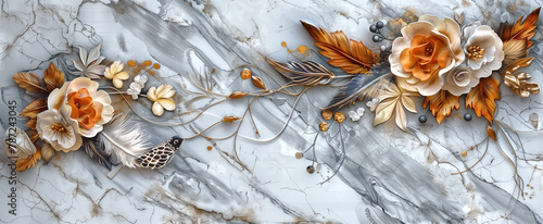 panel wall art, marble background with feather and flowers desig photo
