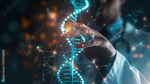 A men fingers touching technology DNA hologram. Digital healthcare and network connection on hologram. 