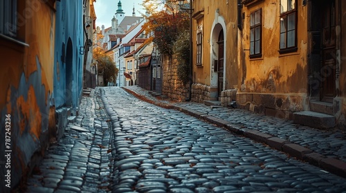 Unrecognizable senior couple walking down a cobblestone street in the fall against sunlight in golden hour serene moment, senior lifestyle traveling walking enjoy spend carefree holiday together © Rakchanika