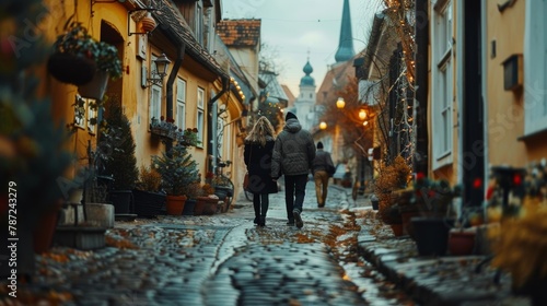 Unrecognizable senior couple walking down a cobblestone street in the fall against sunlight in golden hour serene moment, senior lifestyle traveling walking enjoy spend carefree holiday together © Rakchanika