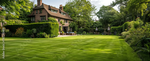 House with English style Garden with hedges. Large open green la