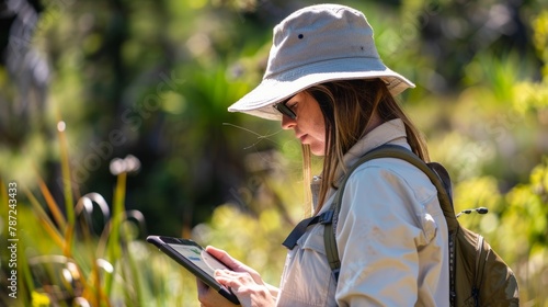 A woman wearing a hat is focusing on a tablet, likely collecting wildlife data for a citizen science project photo