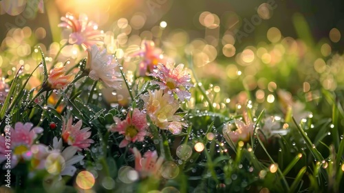 A cluster of flowers lying in the grass, covered in morning dew with glistening droplets under sunlight