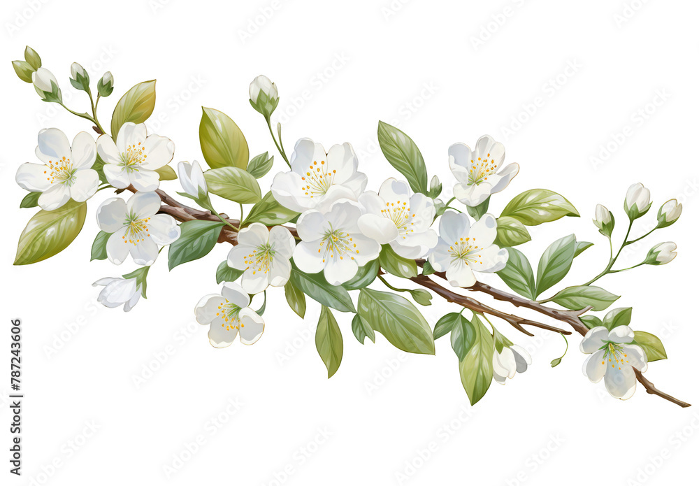 Fototapeta premium watercolor branch with white flowers and green leaves on a transparent background, spring floral flower branch card decoration