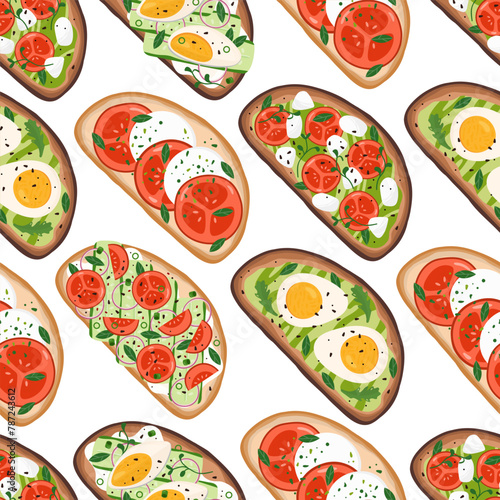 Toasts seamless pattern with different ingredients