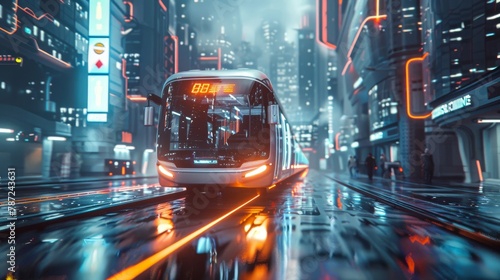 A futuristic cityscape where self-driving buses seamlessly navigate the streets,  revolutionizing urban transportation photo