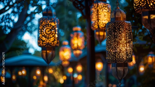 Intricate light installations and decorative lanterns hanging from a tree, casting a warm glow in an outdoor event space photo