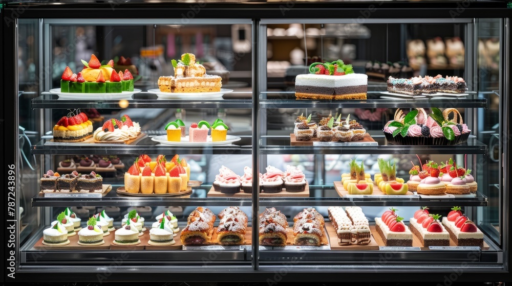 A display case at a patisserie counter showcasing a variety of small cakes and desserts