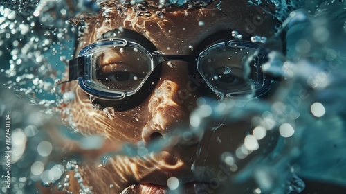 A woman underwater with swim goggles showcasing focus and precision