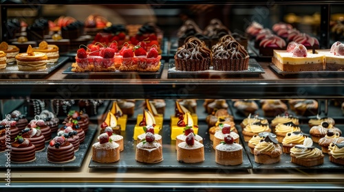 A variety of small cakes and desserts neatly arranged in a glass display case at a patisserie counter