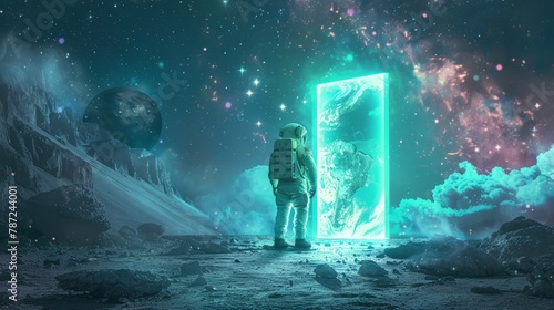 Astronaut looking at a portal to another dimension