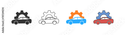 Car with gear mechanical problem. Repair service, auto mechanic work symbol. Line, flat and colored vector icon set.