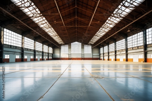 Large empty warehouse interior with steel beams and high windows