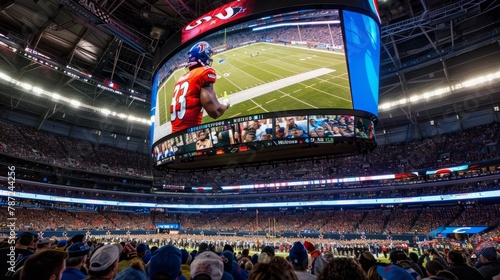 A football stadium filled with a large crowd of enthusiastic fans watching a crucial play unfold on the stadiums jumbotron screen © Ilia Nesolenyi