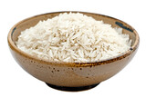 A bowl of white rice is sitting on a white background