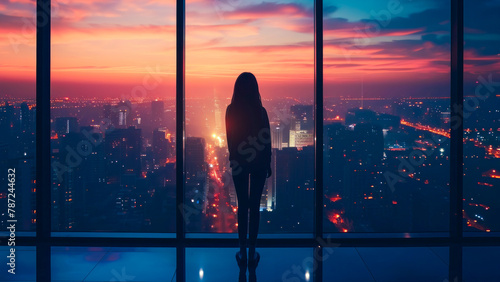 Smart city technology innovation concept with a woman looking out of a room window. Glowing neon illustration background. Business connection, big data, network and global communication. photo