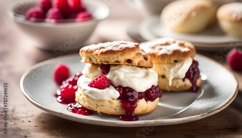 Scones with raspberry jam and clotted cream.
