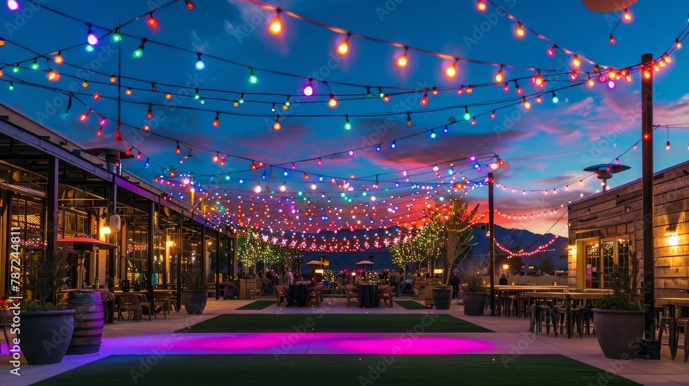 Festive outdoor event space at dusk with colorful string lights illuminating a walkway