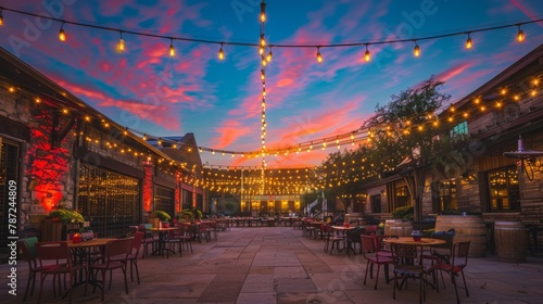 A wide-angle shot capturing a festive outdoor dining area at dusk, with colorful string lights illuminating the space and multiple tables set up for guests