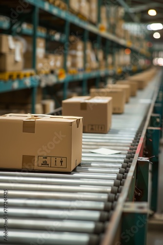 Automated e commerce logistics  conveyor belt in warehouse with rows of cardboard packages © Ilja
