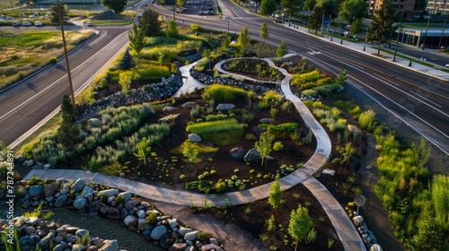 Aerial view of urban park with river running through, showcasing green infrastructure with rain gardens and permeable pavement for stormwater management