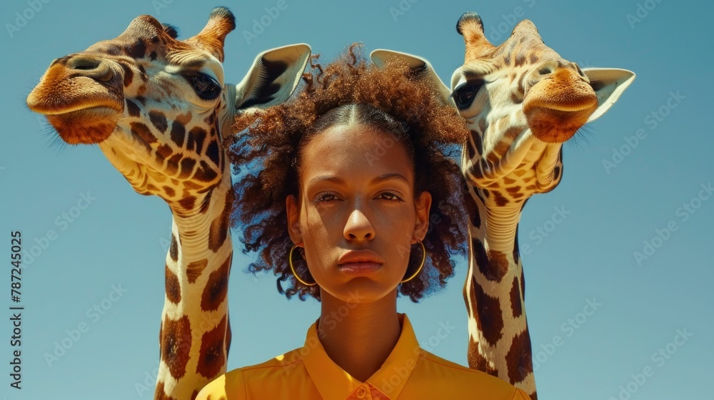 Woman admiring two majestic giraffes in the wild, turning her head in ...