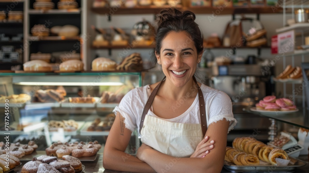 A cheerful small pastry shop owner proudly smiles at her store while working behind the bakery counter