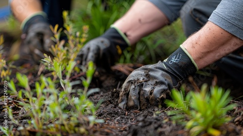 Close up of hands digging in the dirt, planting native shrubs and grasses in a newly constructed rain garden