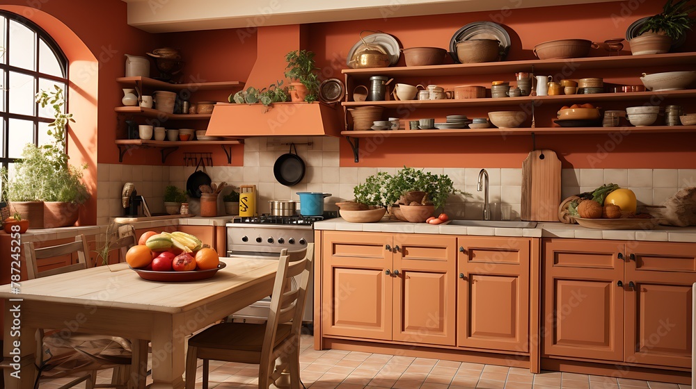 Warm Terracotta Kitchen: Plan a welcoming kitchen with terracotta-colored cabinets, beige countertops, and natural wood accents, exuding a cozy and rustic charm