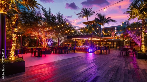 A wooden deck illuminated with vibrant lights, surrounded by lush palm trees, creating a festive outdoor event space at dusk