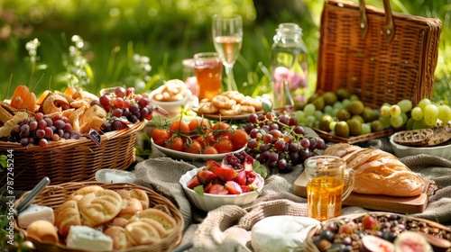 Various international delicacies laid out on a table for a gourmet picnic on a sunny summer day